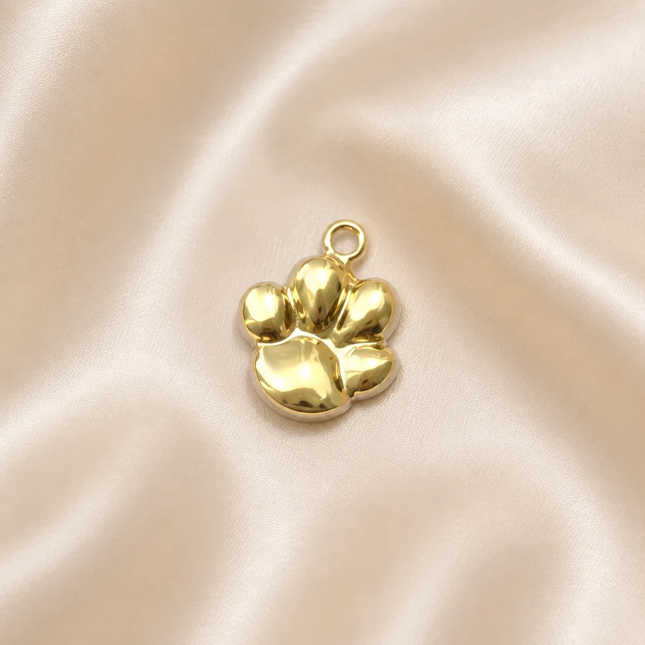 Gold-tone paw-print charm on an ivory background