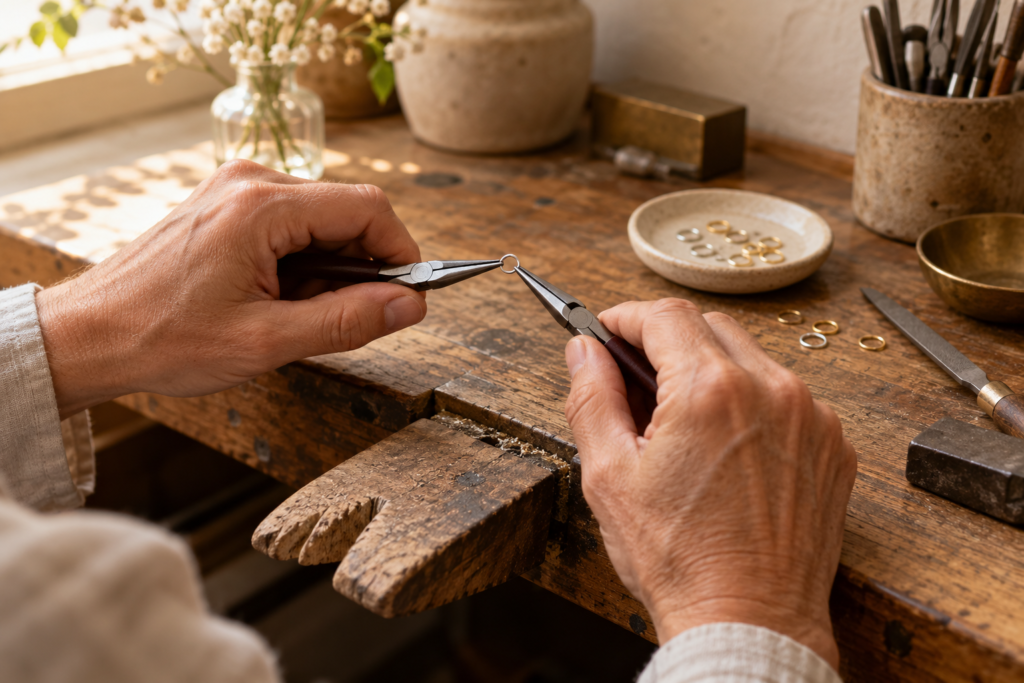 Hands carefully holding a small metal ring with fine jewelry pliers at a wooden workbench
