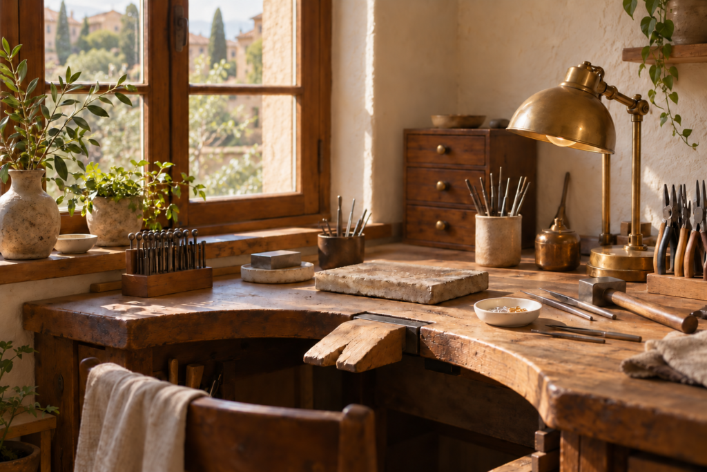 Warm window light over a traditional jeweler’s workbench and hand tools
