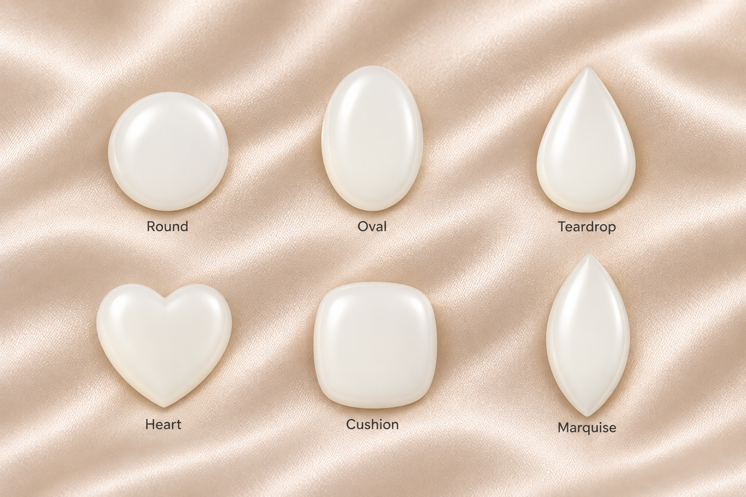 Illustrated guide to round, oval, teardrop, heart, cushion, and marquise Mother's Milk resin shapes on ivory satin.