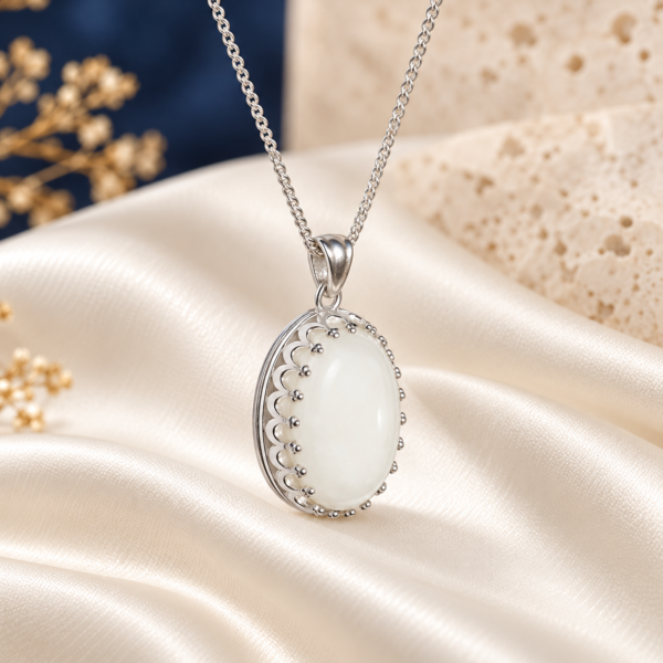 Design illustration of an oval Mother’s Milk pendant in a scalloped sterling silver setting with chain
