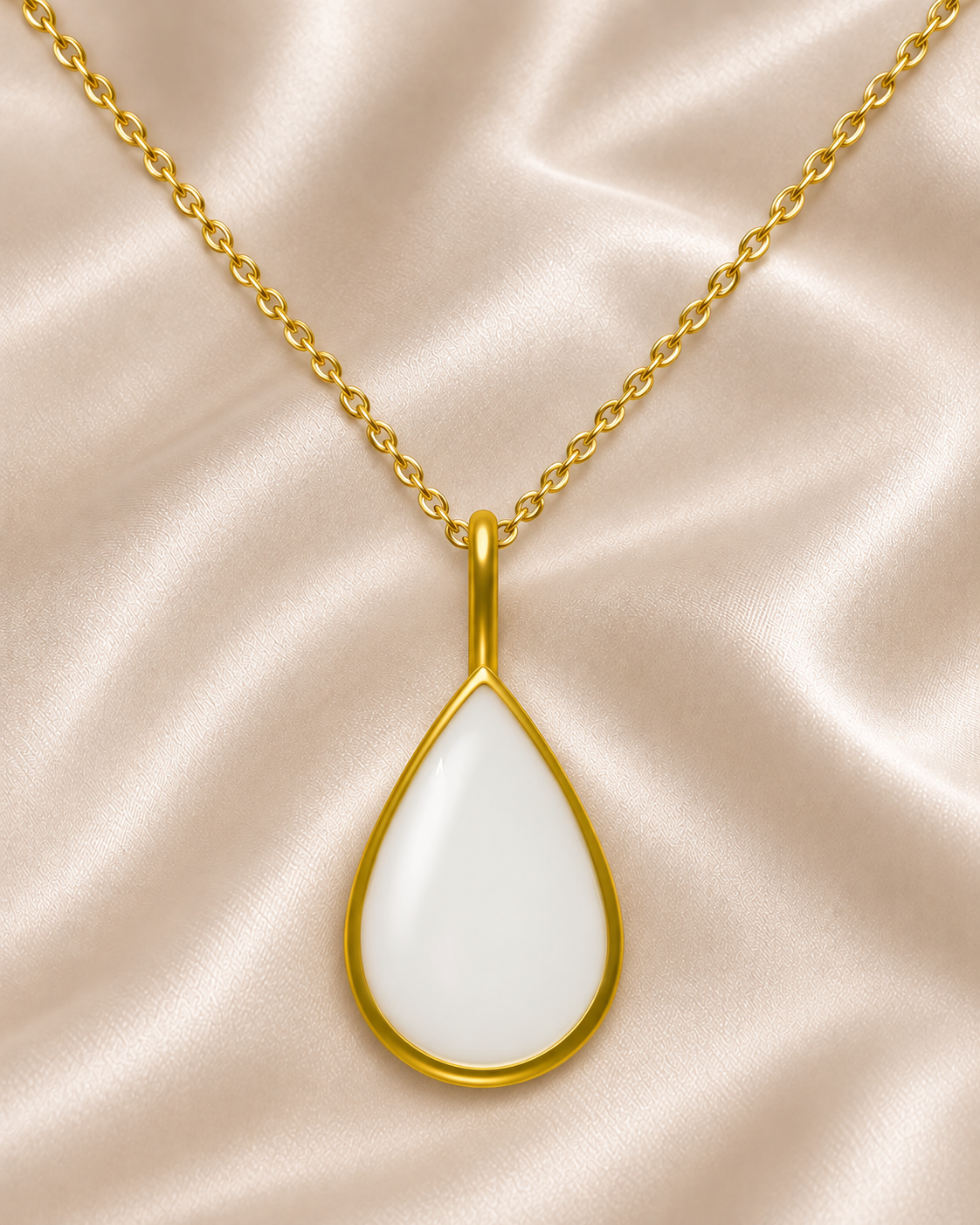 Illustrated teardrop pendant design in a gold-colored setting with a milky center