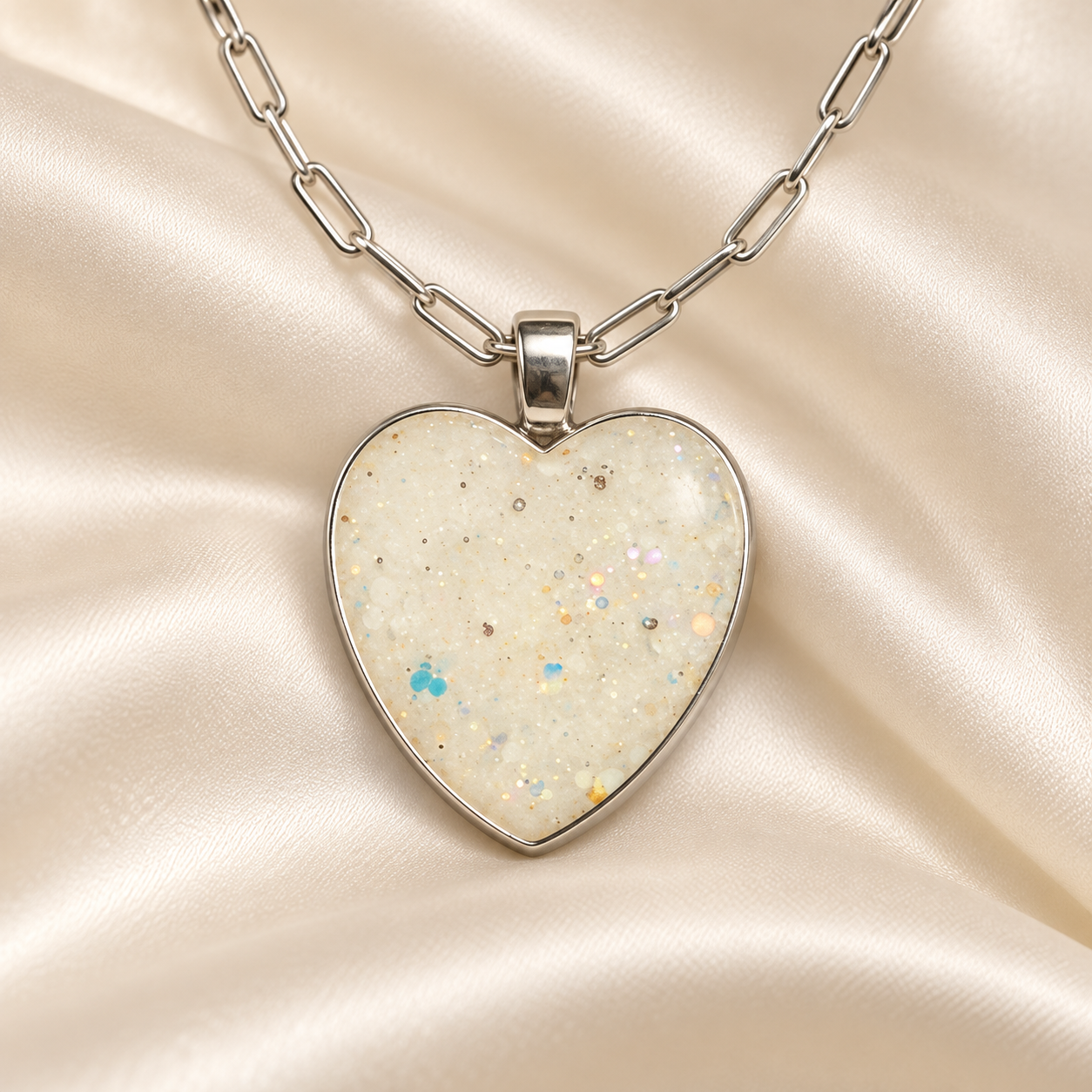 Opalescent Shimmer with Sparkle Specks finish reference illustrated on a heart pendant