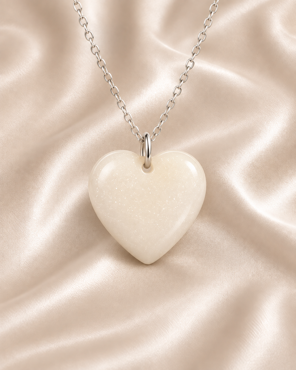 Illustrated resin heart Mother's Milk pendant design with a milky center and metal hanging hardware on ivory satin.