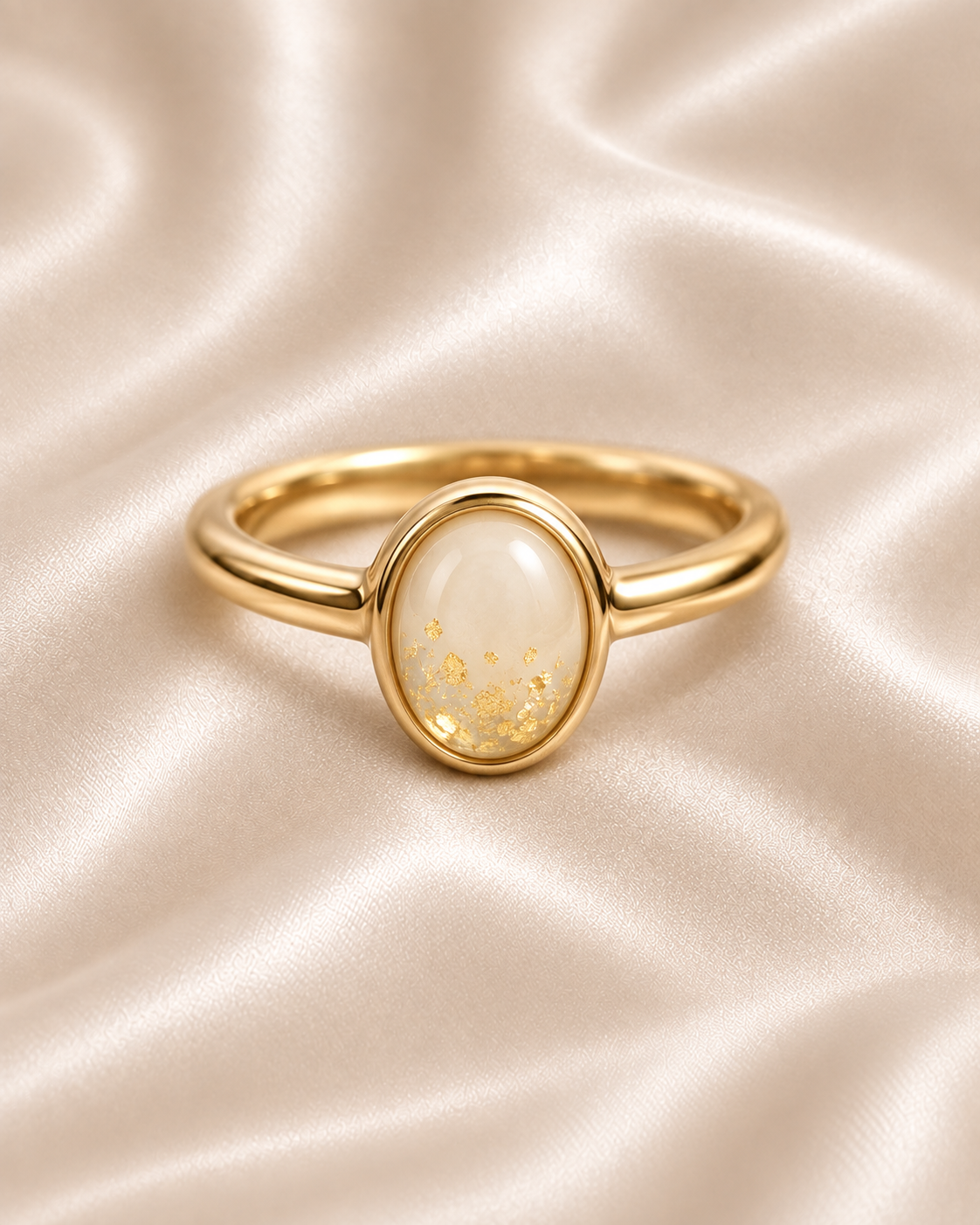 Illustration of an oval milk keepsake ring with gold flakes on ivory satin