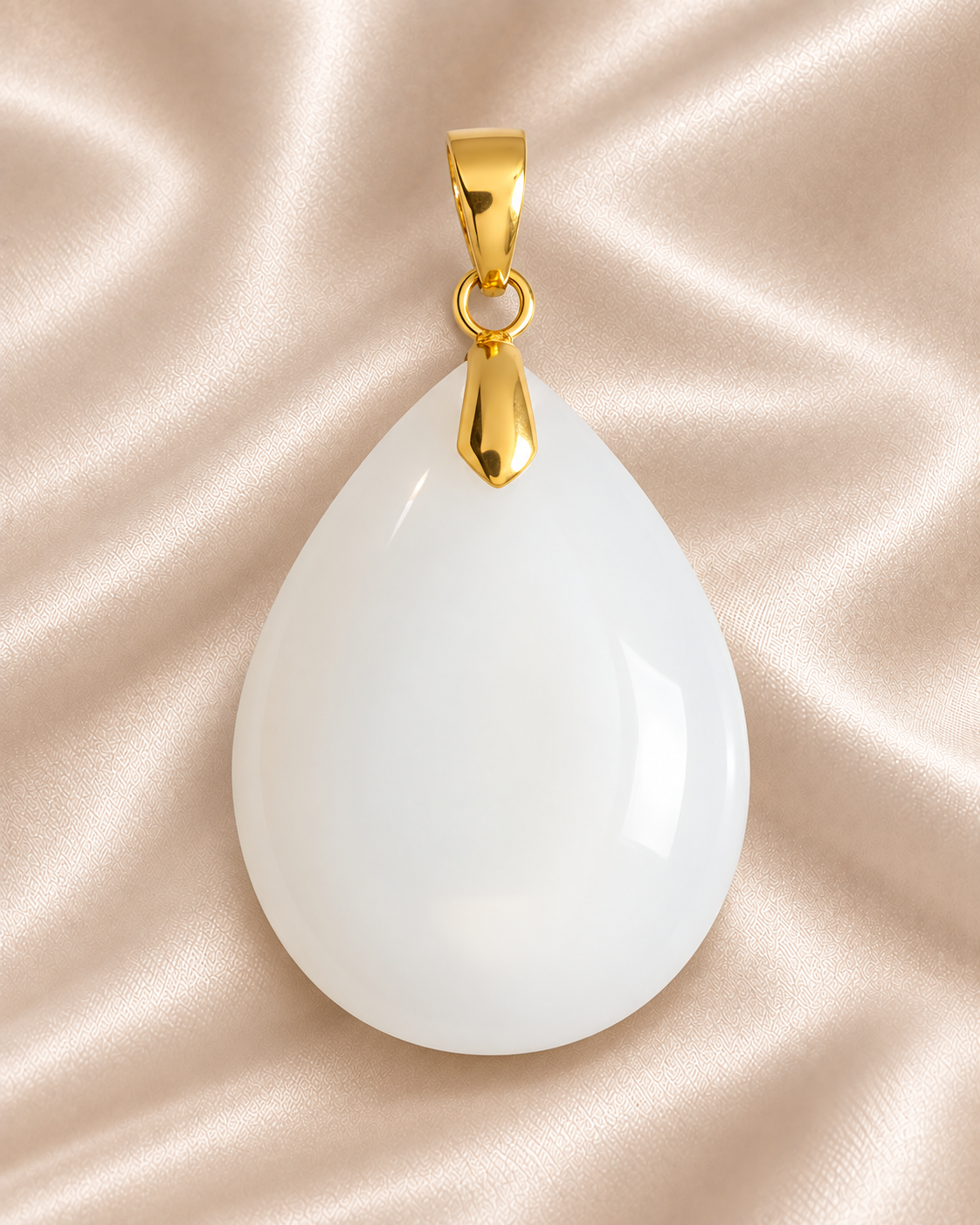 Rounded milky teardrop pendant with yellow gold-plated hanging hardware on ivory champagne satin
