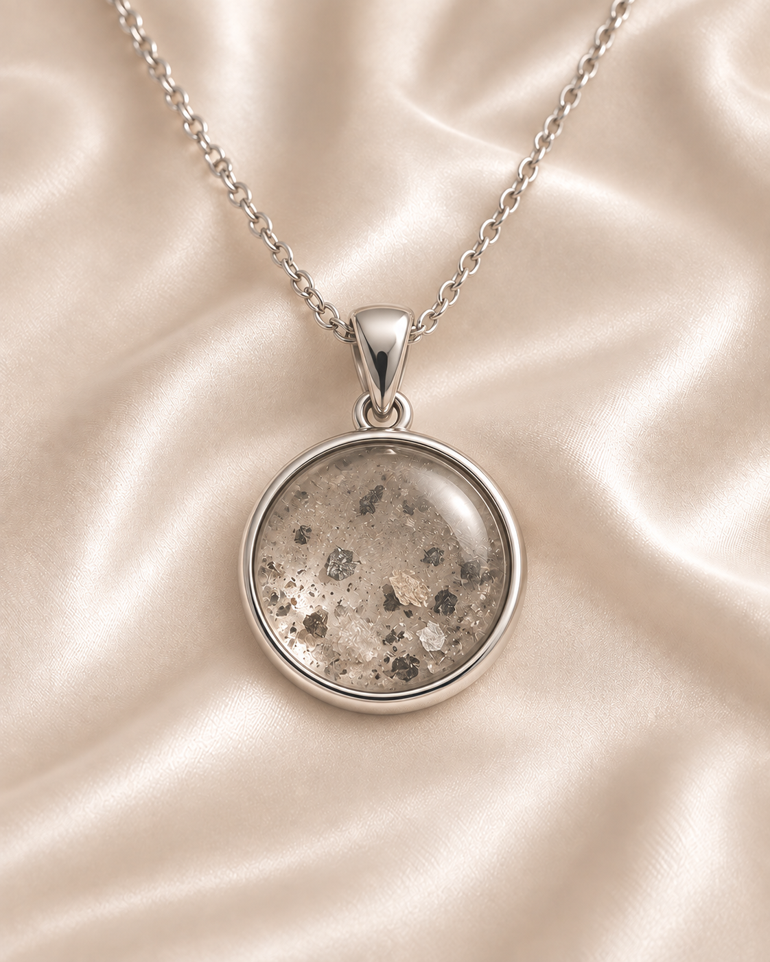 Illustration of a round pet memorial pendant on ivory satin