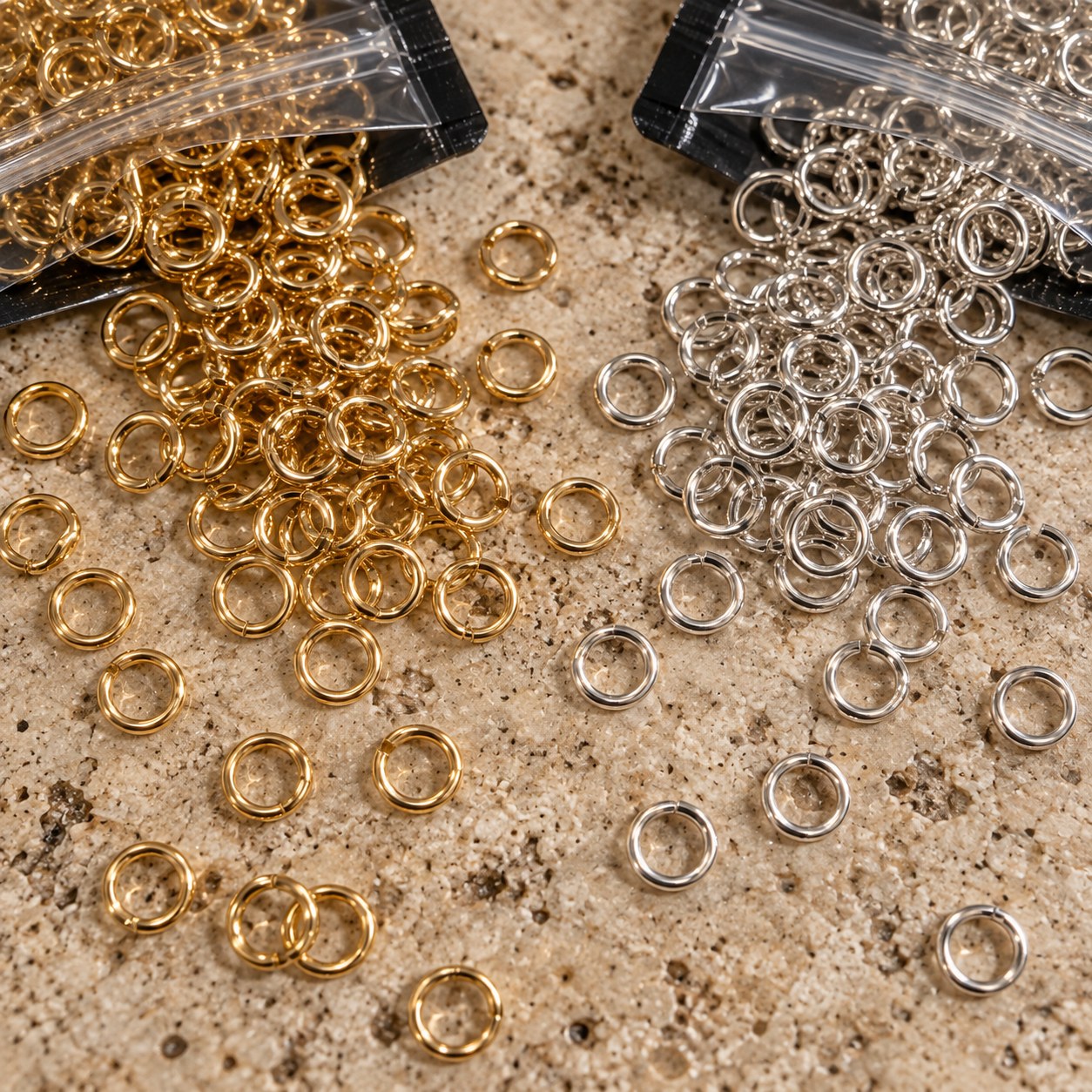 Loose silver and gold-filled jump rings spilling from bags onto travertine.
